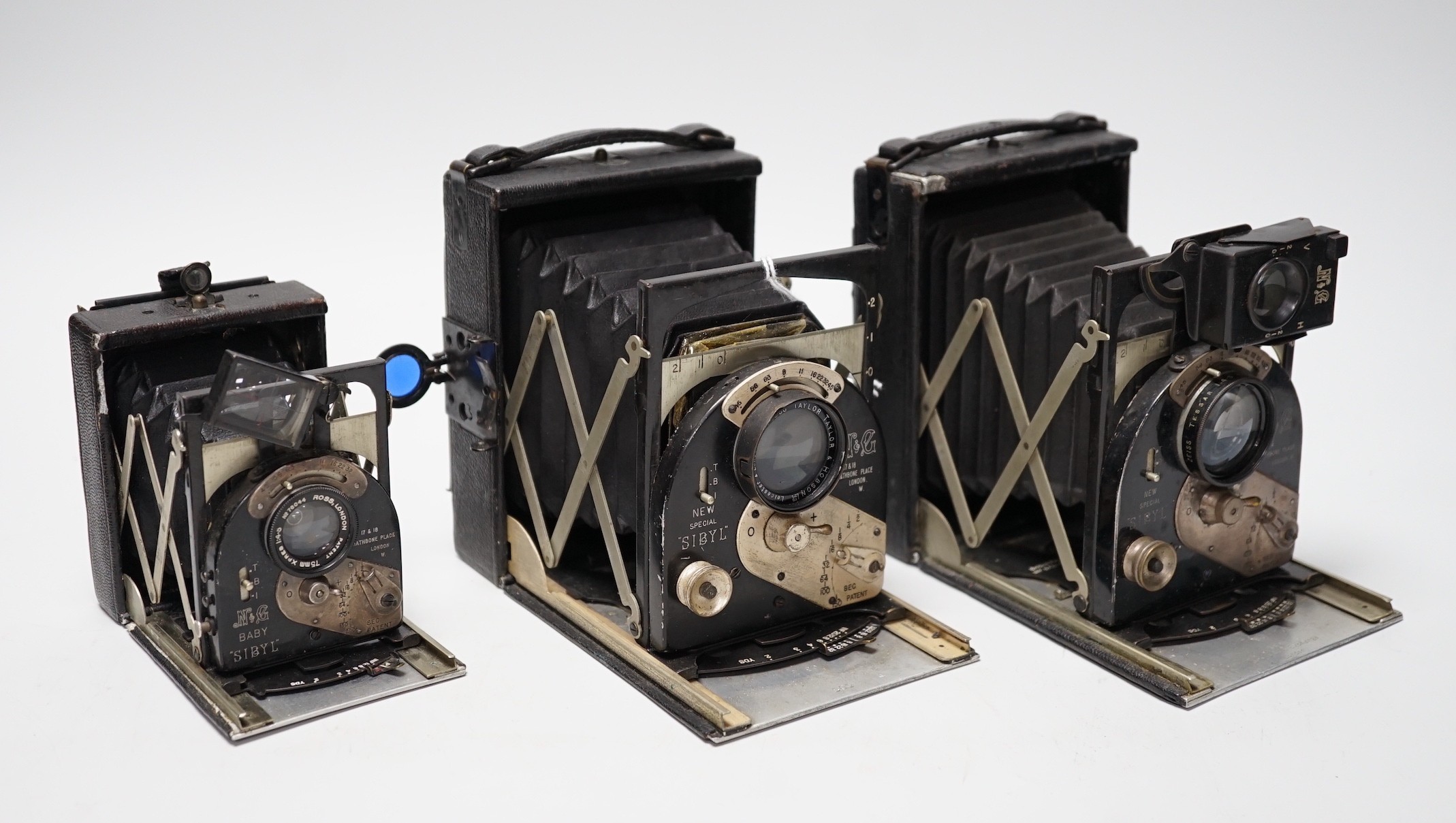 Two Newman and Guardia Sybil strut cameras and a Baby Sybil camera